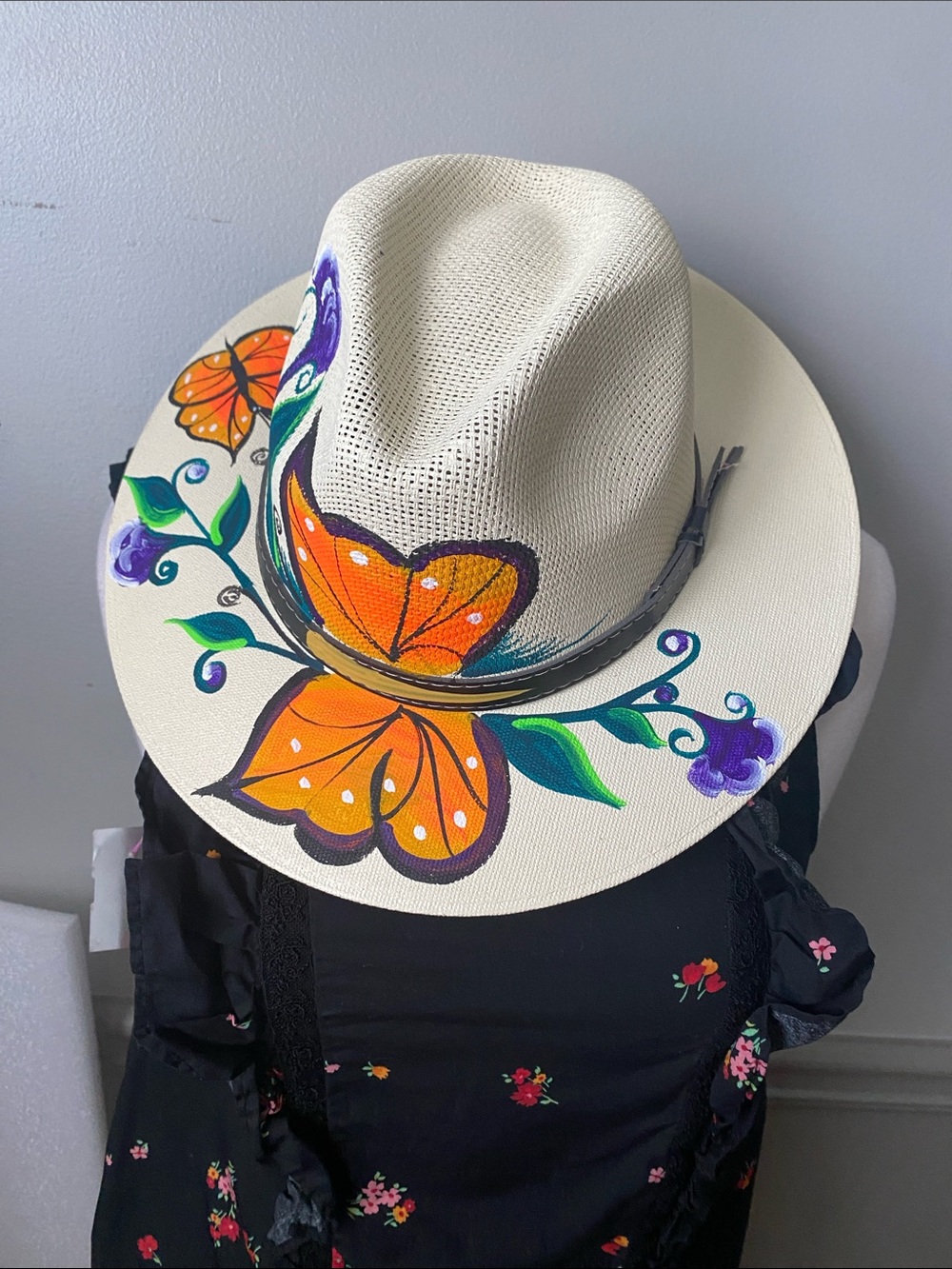 Hand-Painted Straw Fedora with Orange Butterfly